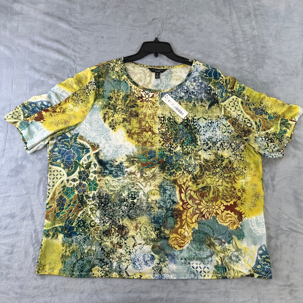 NWT Investments Woman 3X Yellow Green Blue Abstract Floral Damask Print Top